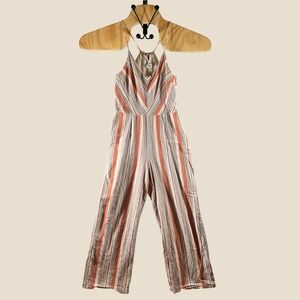 913 |Lucca Couture Multicolor Linen Striped Halter Wide Leg Jumpsuit Women Small